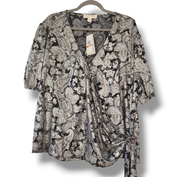 MICHAEL KORS Womens Black Silver Metallic Faux Wrap Top NWT 3X Holiday Festive - Picture 2 of 11